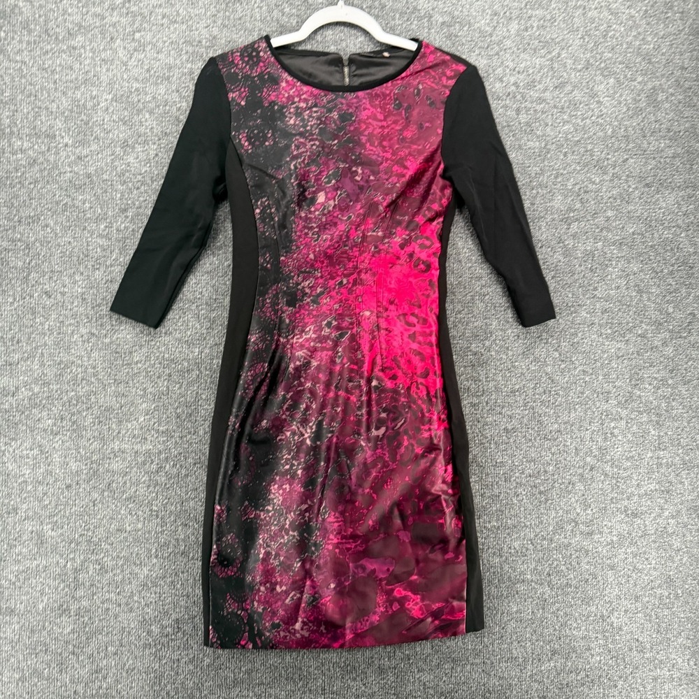 Elie Tahari Dress Size 2 Black‎ Purple Sheath Round Neck Ladies Cocktail Elegant